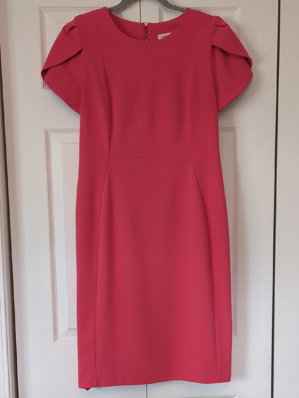 Calvin Klein Coral Pink Midi Sheath Dress with Pleated Cap Sleeves